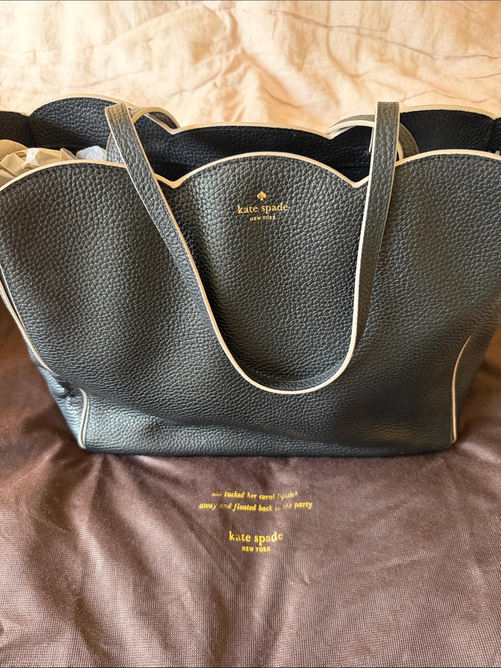 kate spade black leather scalloped tote with cream trim